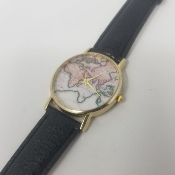 World Map Fashionable Vintage Inspired Gold Bezel Black Faux Leather Wristwatch - Picture 9 of 9